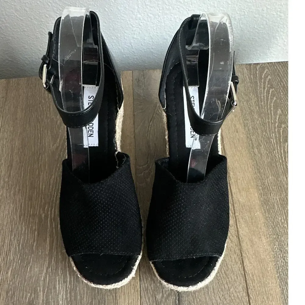 Steve Madden Josey Espadrille Wedge Sandal Women Black Perforated Suede Sz 8